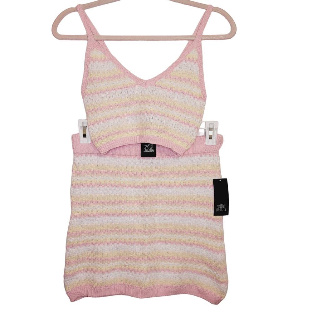 New Wild Fable womens pink striped crocheted sweater cami and skirt set Sz Small